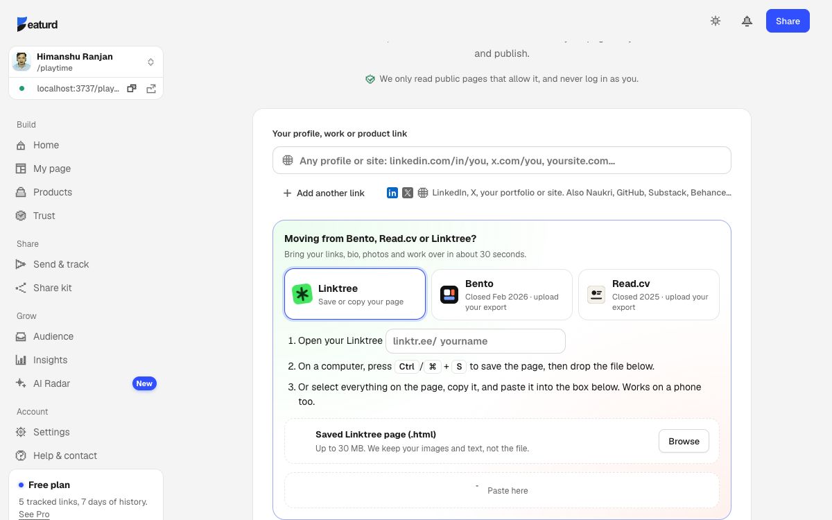 The featurd import screen with “Moving from Linktree?” selected, ready for your file